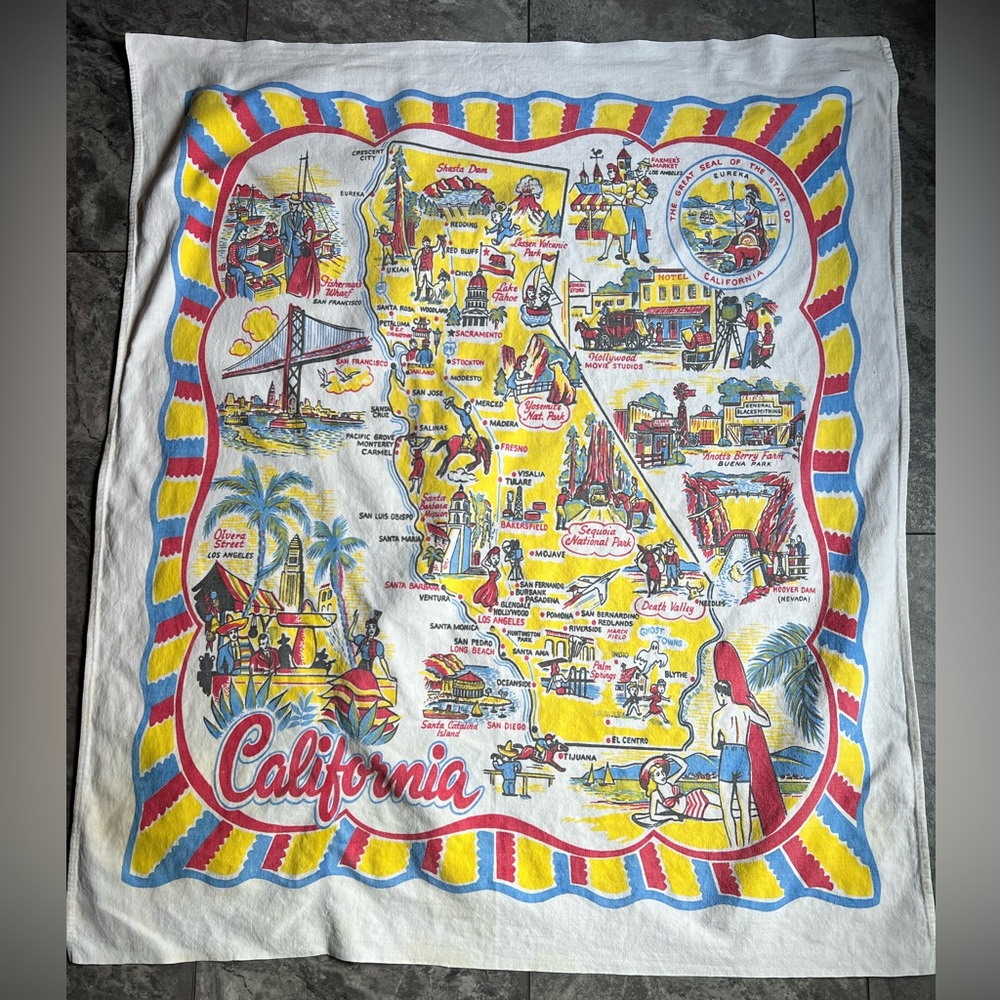 California Vintage Souvenir Map tablecloth red and Yellow Cotton